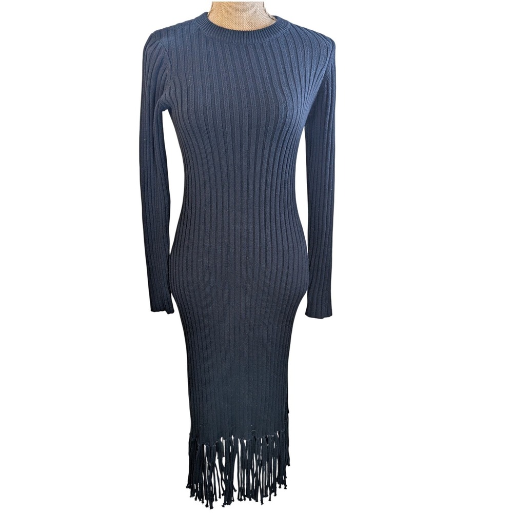 H&M Ribbed‎ Knit Long Sleeve Midi Dress Boho Fringe Bottom Black Whimsygoth  S